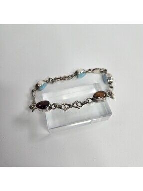 Sterling Silver Larimar Amber Reversible Bracelet Two Sided Artisan 7.5-8 Inch